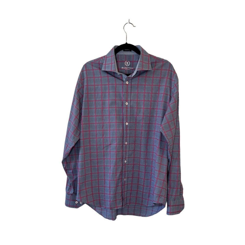 Bugatchi Uomo Mens Classic Fit Shirt‎ Size XL Preppy Button Up Flip Sleeve Plaid